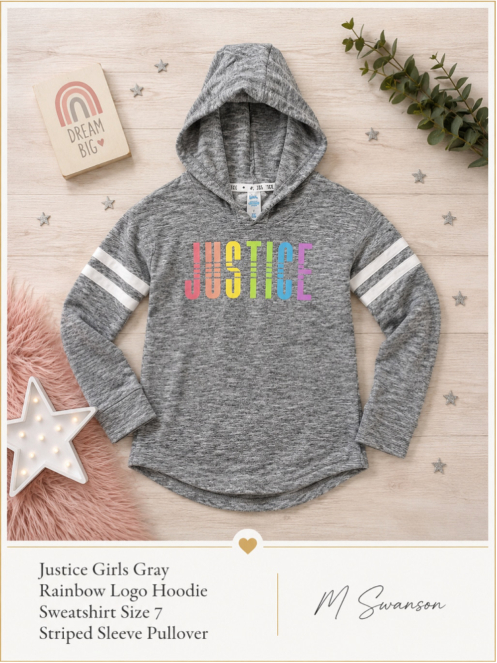 Justice Girls Gray Rainbow Logo Hoodie Sweatshirt Size 7